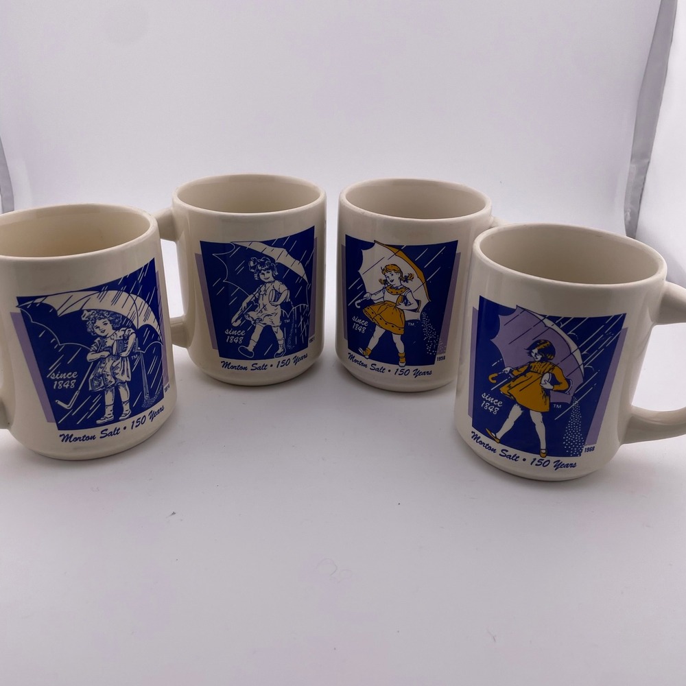 Vintage Morton Salt 150 Years Anniversary Coffee Mug Set of 4 1914-1968 Graphics
